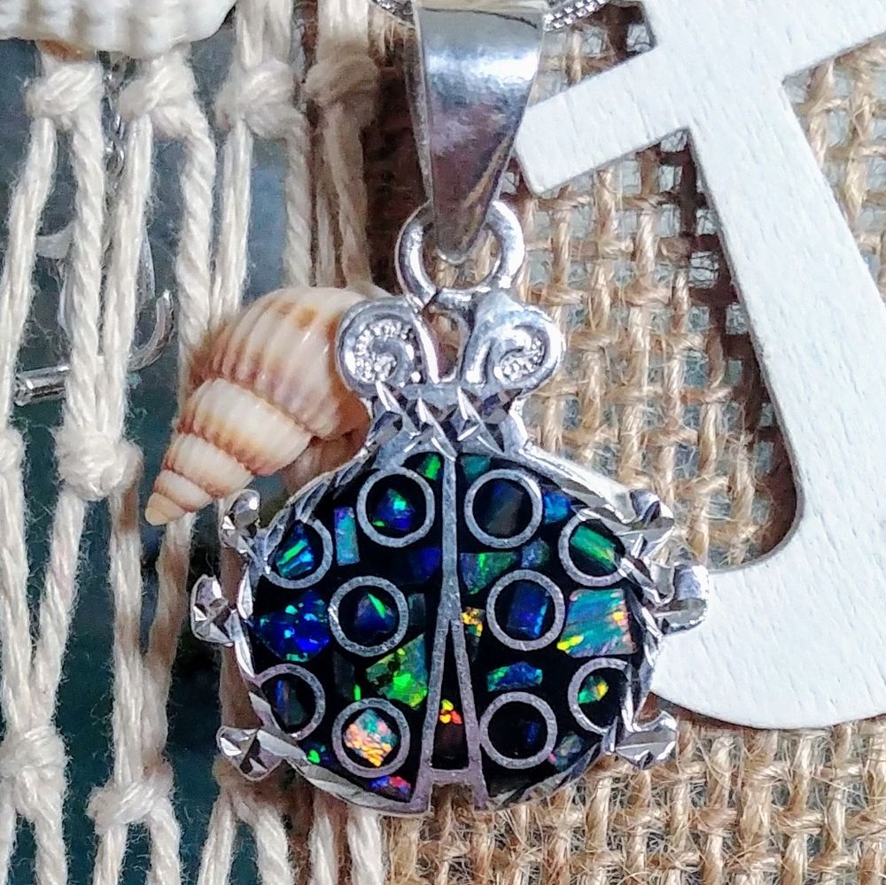 Opal Lady Bug Pendant from Taxco Mexico